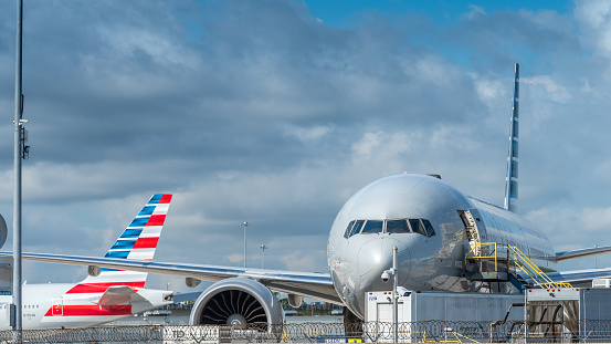 Miami, United States - May 24, 2023: Technical review of American Airlines airplanes at Miami International Airport.