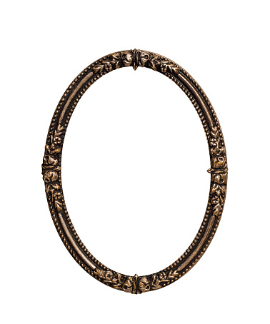 Golden metal decorative ornate oval picture frame isolated cutout on white background