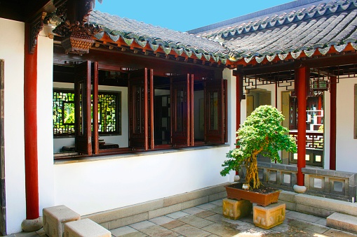 Chinese style historical buildings in the Chinese garden public park in Singapore
