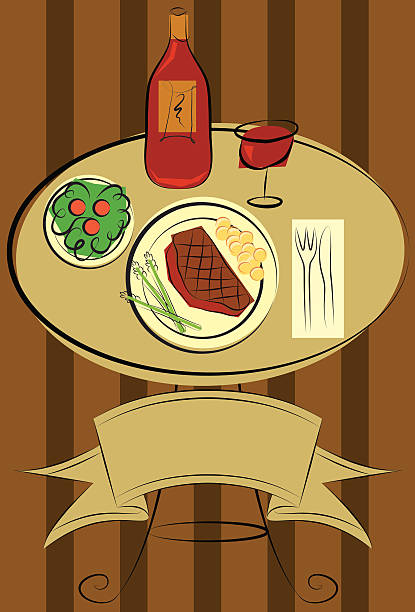 illustrazioni stock, clip art, cartoni animati e icone di tendenza di bistecca di manzo e verdure con vino rosso - steak top sirloin dinner main course