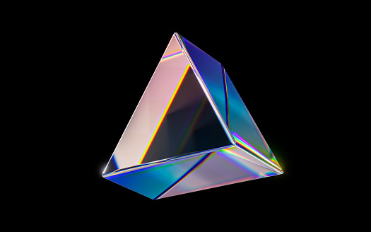 Glass geometries with dispersion colors, 3d rendering. Digital drawing.