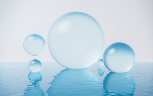 Transparent bubbles with water surface, 3d rendering. Digital drawing.