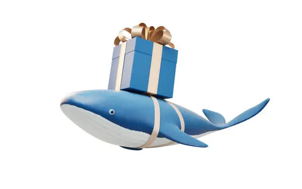 Photo of Whale and gift box, 3d rendering.