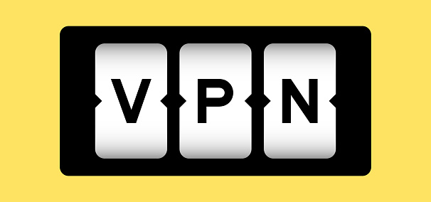 Black color in word VPN (abbreviation of virtual private network) on slot banner with yellow color background