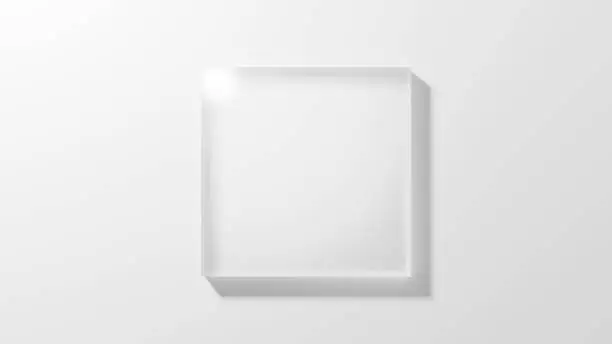 Photo of 3D Illustration.Rectangle of clear glass on white background. Overhead view. (Horizontal)