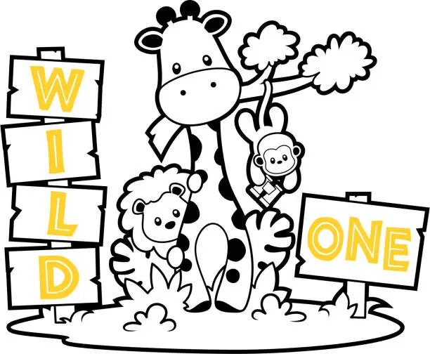 Vector illustration of Wild One. Jungle animals. Giraffe, lion, monkey.  Cute! Clipart, vector, cartoon