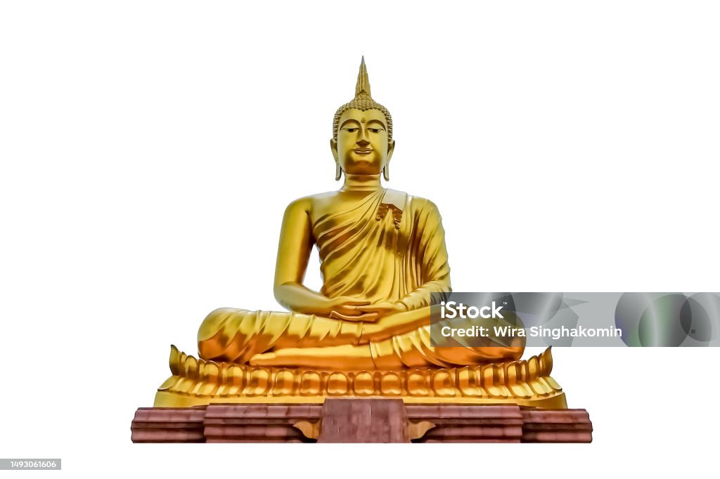 Golden Buddha Close up golden Buddha meditation statue on white background Sculpture Stock Photo