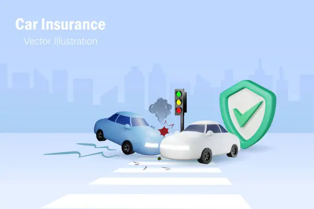 Vector illustration of Car accident with shield insurance protection. Crashing cars on street at traffic light. Car accident and insurance concept. 3D vector.