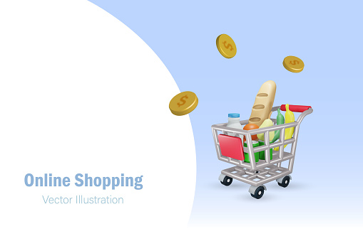 Shopping trolley cart with grocery foods and drink. Grocery shopping and cost of living concept. 3D vector.