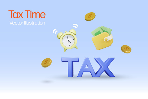 Tax time reminder. Alarm clock and purse to remind for income tax filing. 3D cute cartoon vector.