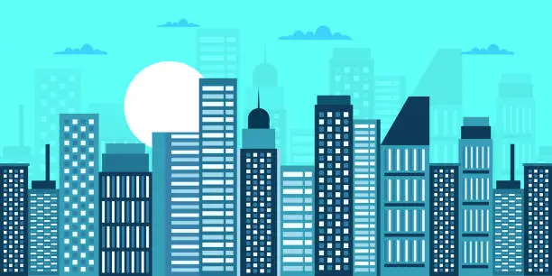 Vector illustration of Blue City Skyline and skyscraper buildings with reflection silhouette