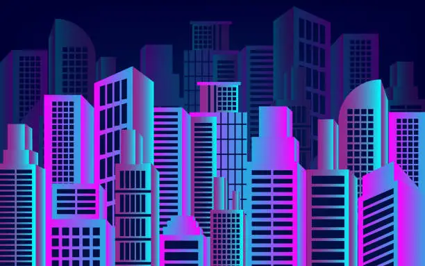 Vector illustration of City Night view in blue and pink colors