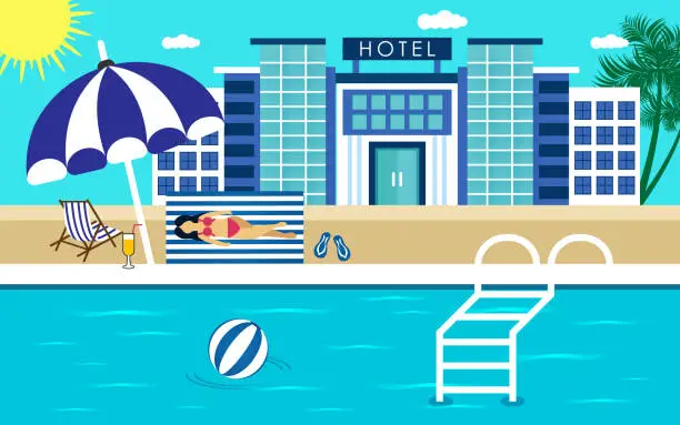 Vector illustration of Hotel swimming pool with chaise lounge and umbrella. Summer travel, vacation and relax concept