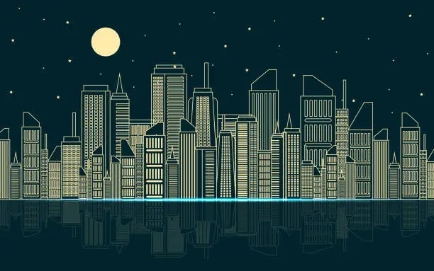 Vector illustration of Night Urban City Building Cityscape Landscape Line background