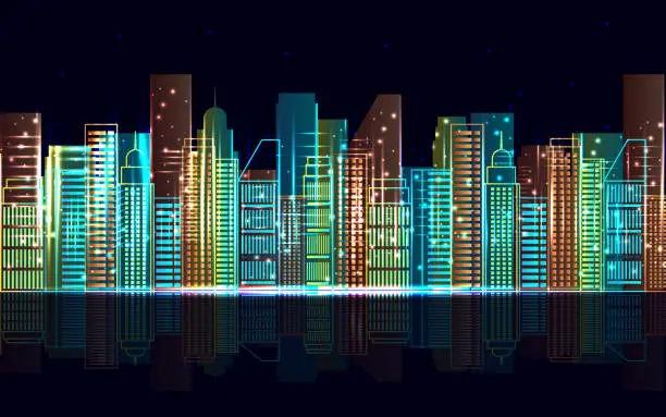 Vector illustration of Panoramic view of the night city in colored lights