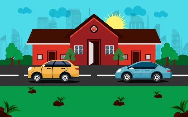 Vector illustration of Vector illustration in modern flat style, urban landscape with large skyline and suburb with private houses on a background hills. Street and asphalt road with cars