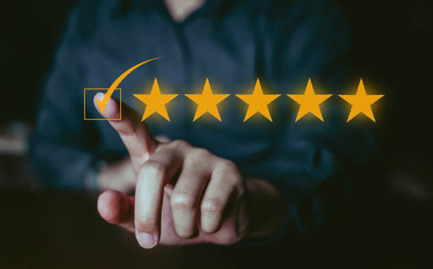 istock Customer feedback and review by app on smartphone with select on five star for good rating, Testimonial. 1493069721