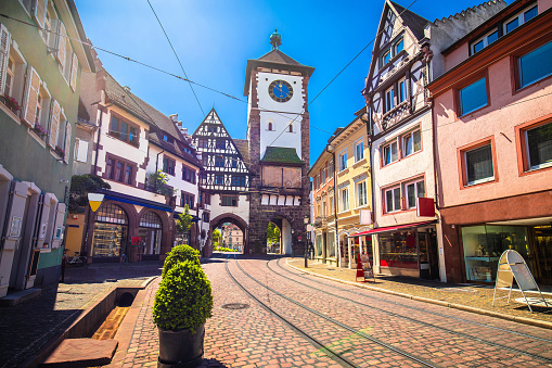 Freiburg im Breisgau historic cobbled street and colorful architecture view
