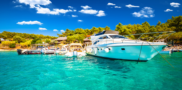 Pakleni Otoci Palmizana bay turquoise beach yachting destination panoramic view, Dalmatia archipelago of Croatia