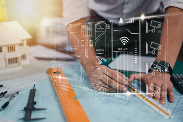 건축, 청사진, 측정, 계산, 건물, 엔지니어, iot, 계산기, 수학. - decisions blueprint construction architect 뉴스 사진 이미지