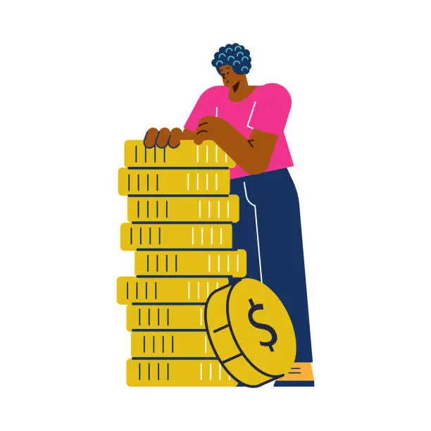 Vector illustration of Smiling woman and stack of huge coins flat style, vector illustration