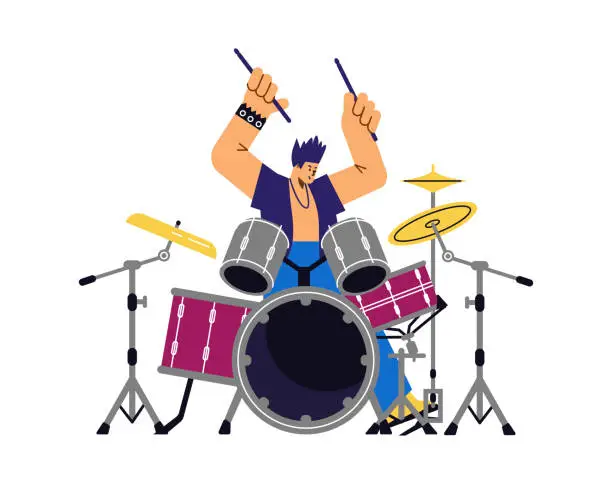 Vector illustration of Vector isolated illustration of Rock band drummer plays the drums in disproportionate characters on white background