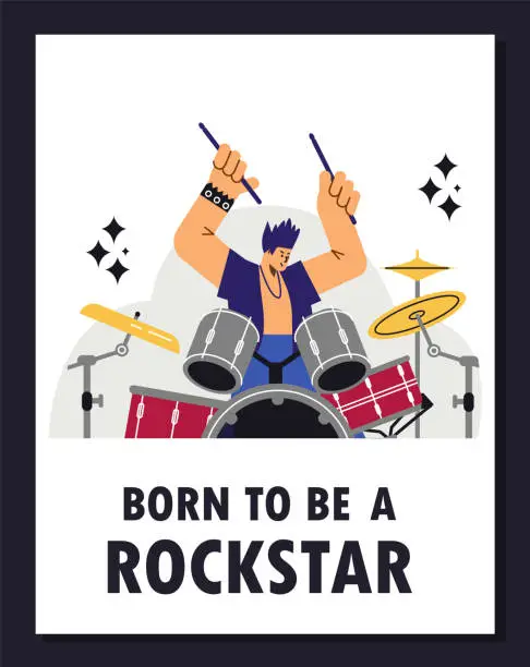 Vector illustration of Vector isolated illustration of Rock band drummer raised hands up in disproportionate characters. Born to be a rockstar
