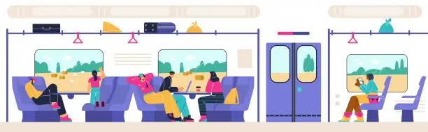 Vector illustration of Vector illustration of flat passengers inside subway train car, people are sitting, resting, looking