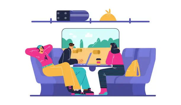 Vector illustration of Vector illustration of people are sitting in subway train on comfortable chairs, listen to headphones, using a laptop