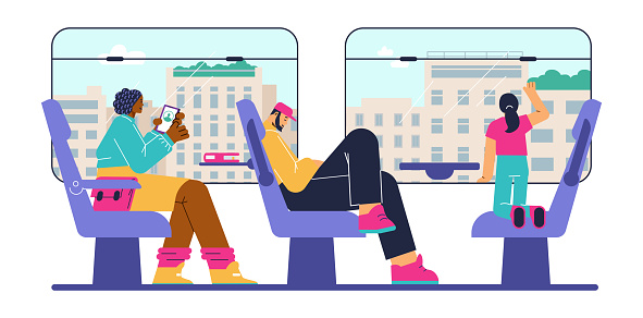 People are sitting in subway train on comfortable chairs, black woman is using smartphone, man is resting, girl looking out the window on buildings. Vector illustration poster in flat doodle design style