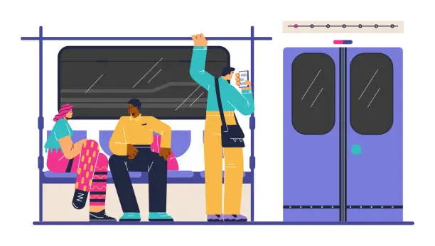 Vector illustration of Vector illustration of woman and black man are sitting and talking, guy is looking in smartphone in the subway train next to the automatic door