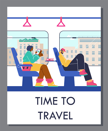 People are sitting in subway train on comfortable chairs, black woman is using smartphone, man is resting, view in the window on buildings. Vector illustration poster in flat doodle design style on white background.