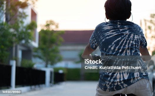 istock Little Asian boy riding bicycle at summer day on the road in early morning. Back view 1493078980