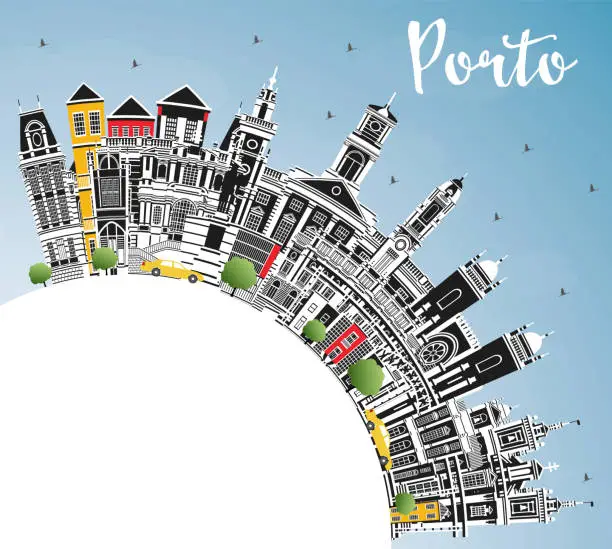 Vector illustration of Porto Portugal City Skyline with Color Buildings, Blue Sky and Copy Space. Porto Cityscape with Landmarks.