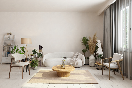 Modern Living Room Interior With White Sofa, Armchairs, Coffee Table And Potted Plants.