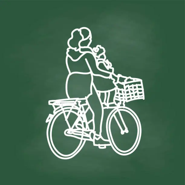 Vector illustration of Mom And Child Riding Bike Chalkboard