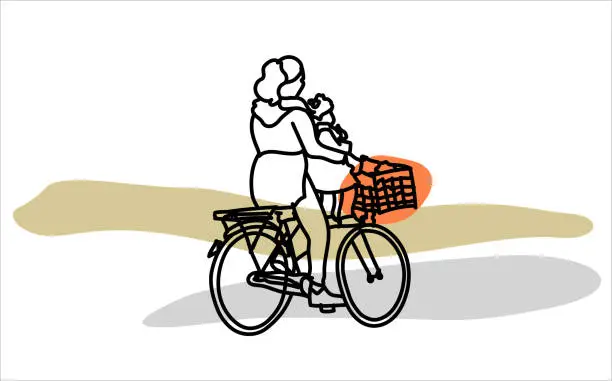 Vector illustration of Mom And Child Riding Bike Orange