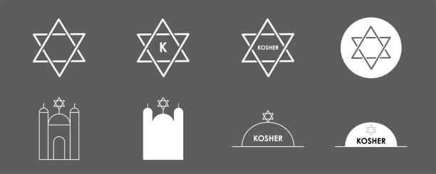 Kosher food, product icons set. Kosher food, product icons set. Vector stock illustration isolated on black background for print and mark Jewish food stickers. EPS10 kosher symbol stock illustrations