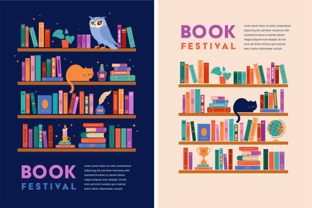 ilustrasi konsep rak buku. banyak buku di rak, jam, kucing, tanaman, dan bola dunia - bookshelf ilustrasi stok