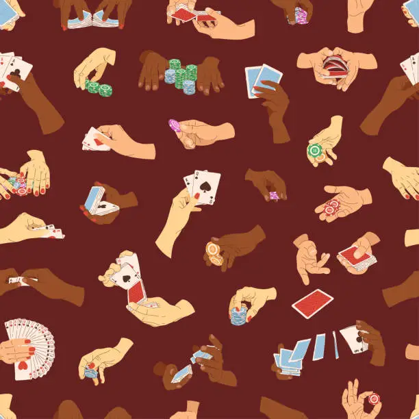 Vector illustration of Player hands seamless pattern. Vector illustration of playing chips and cards. Multicultural casino players. Illustrations for gambling industry