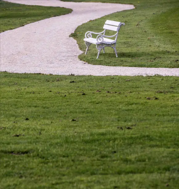 Photo of An Awakening Botanic Park in Colorful Spring Colors with Gravel Paths an Benches to Enjoy the Nature ,Arboretum Volčji Potok, Slovenia