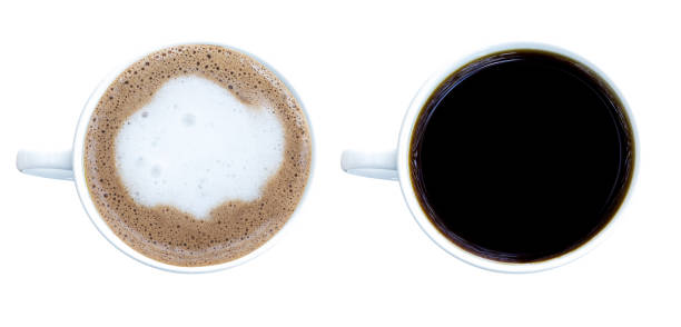 vista superior moca y café negro en taza blanca aislada sobre fondo blanco con ruta de recorte - black coffee mocha high angle view black fotografías e imágenes de stock