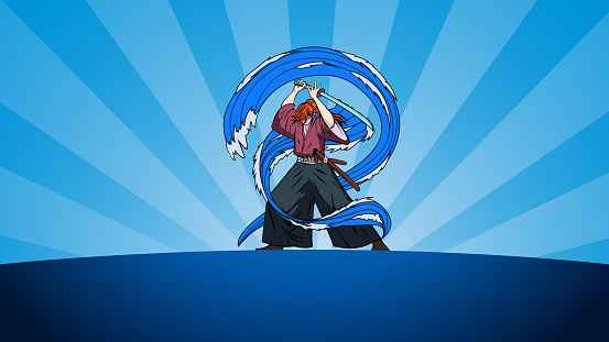 An anime style vector illustration of a samurai in ready fighting stance with water form and sunburst effects. Easy to grab and edit.