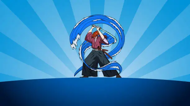 Vector illustration of Vector Anime Samurai Fighting Ready Stance with Water Form Effects Stock Illustration