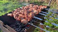 istock Meat pieces strung on metal skewers on the grill at sunset 1493089344