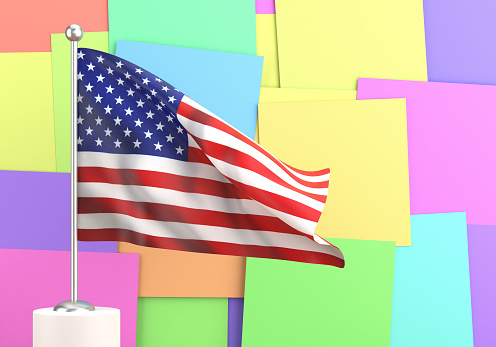 USA Flag And Colorful Note Papers. Communication Concept.