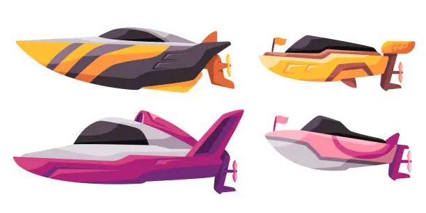 Vector illustration of speed boat sport sail fast powerboat ocean transportation modern activity yellow and pink color