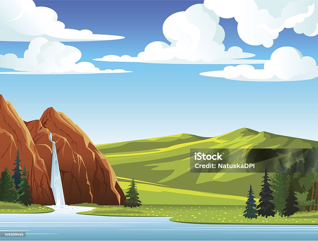 夏の風景と滝と丘陵 - 滝のロイヤリティフリーベクトルアート