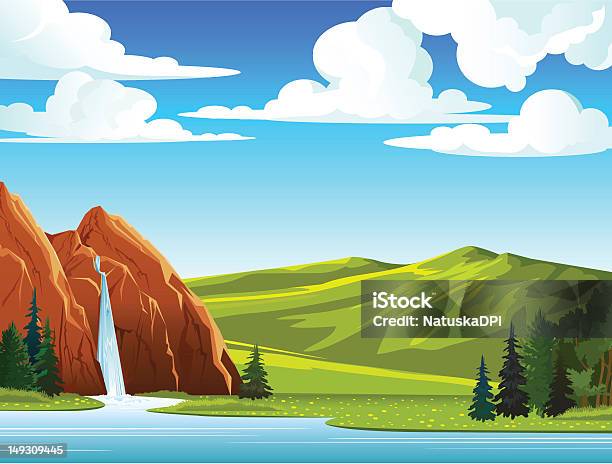 夏の風景と滝と丘陵 - 滝のベクターアート素材や画像を多数ご用意 - 滝, 自然の景観, イラストレーション