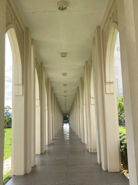 istock Long white-columned hallway extending out to a lush green grass field 1493097119